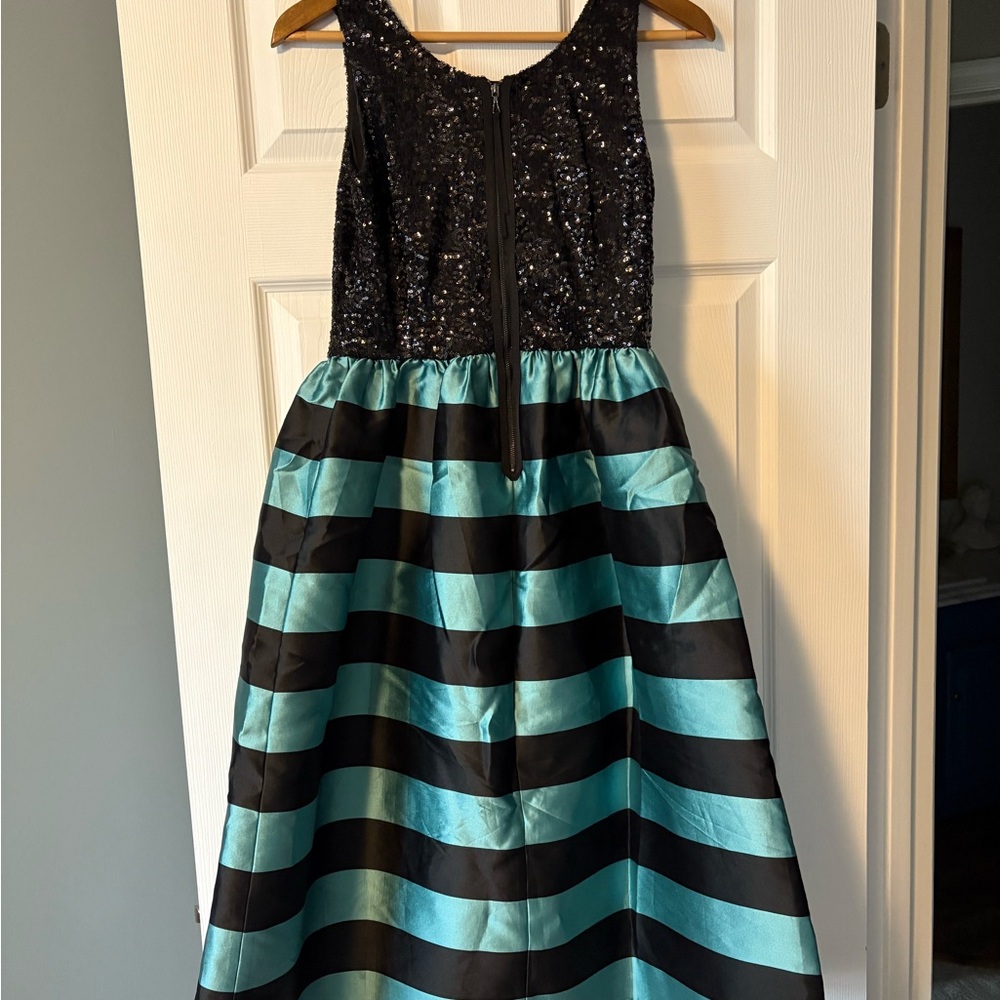 Leifsdottir Starlit Stripes Black and Teal Midi Dress Size 6 - Picture 2 of 8